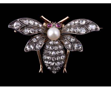 A late Victorian diamond, ruby and pearl bug brooch, circa 1890, the wings and abdomen set with rose cut diamonds, the thorax