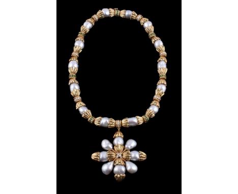 A South Sea cultured pearl, diamond and emerald necklace, the baroque South Sea cultured pearls each with a circular cut emer