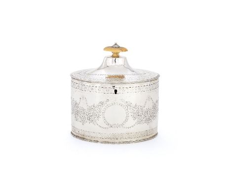 ϒA George III silver straight-sided oval tea caddy by Charles Chesterman II, London 1787, with an ivory oval finial to the co