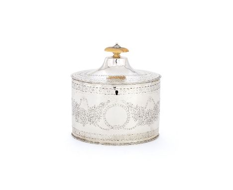 ϒA George III silver straight-sided oval tea caddy by Charles Chesterman II, London 1787, with an ivory oval finial to the co