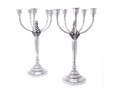 Georg Jensen, a pair of Danish silver five-light candelabra, post 1945 stamped marks, design no. 474, designed by Johan Rohde