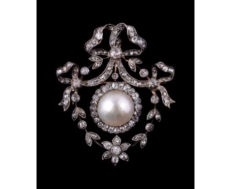 A late Victorian mabé pearl and diamond garland brooch, circa 1900, with a rose cut and old mine cut diamond set bow surmount