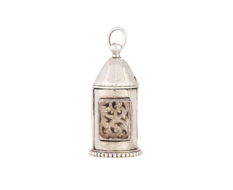 A Victorian silver novelty vinaigrette by George Unite, Birmingham 1874, formed as a cylindrical hand lantern, with a clear g