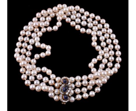 A sapphire, diamond and cultured pearl choker necklace, the clasp with three collet set graduating sugarloaf cabochon sapphir