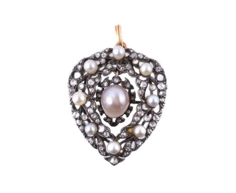 An early 20th century pearl and diamond brooch/pendant, circa 1900, the central 8mm pearl within a surround of rose cut diamo