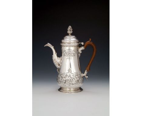 A George III Scottish silver baluster coffee pot by Ker &amp; Dempster, Edinburgh 1771, with a bud finial to the ogee domed c