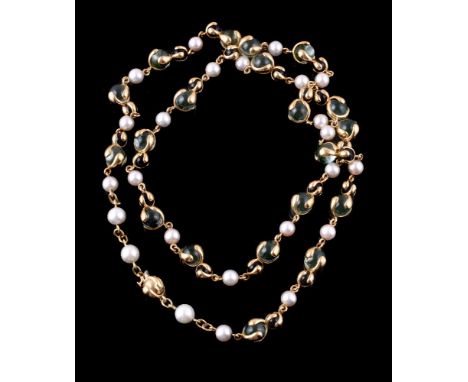 A cultured pearl, onyx and polished green stone Cardan necklace by Marina B, the polished black onyx and green stone bead spa