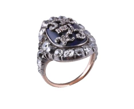 An early 19th century diamond and blue enamel ring, the central blue panel with applied rose cut diamond set initials JW ny W