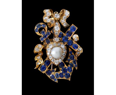 A Victorian sapphire, diamond and pearl brooch/pendant, circa 1870, the anchor, cross and heart representing faith, hope and 