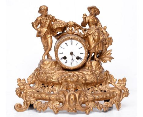 A French giltmetal figural mantle clock, 19th c, with enamel dial, pendulum and key, 31cm h  