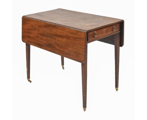 A George III mahogany Pembroke table, with drawer to one end, 70cm; 83 x 99cm  Top with a number of ring marks and stains, dr