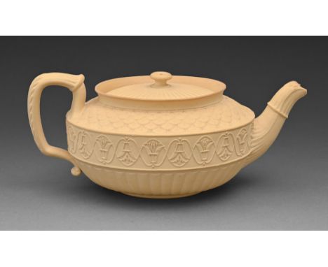 A caneware oval teapot and cover, possibly Don Pottery, c1812, 11cm h, collectors' label  Provenance: J D & D A Griffin Colle