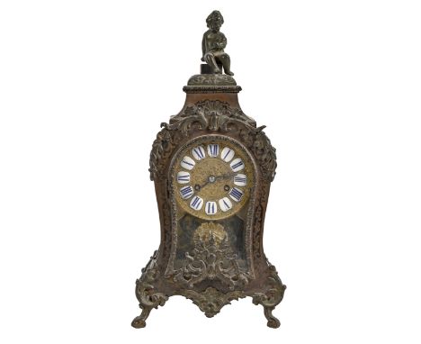 A French Boulle mantle clock, late 19th c, in Louise XIV style, with brass rococo mounts and swept pediment surmounted by the