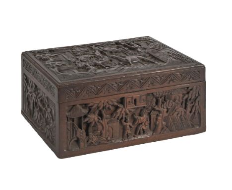 A Chinese carved hardwood box, with brass lock and hinged lid, 16cm h; 36 x 20cm and an early 20th c cribbage board, 25cm (2)