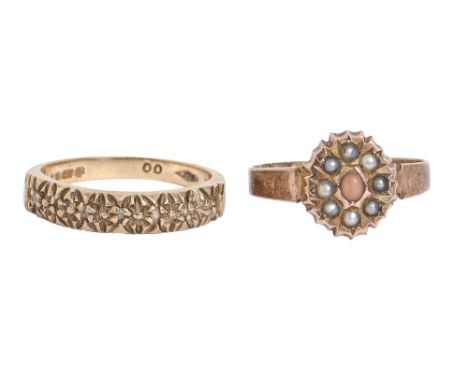 A Victorian coral and split pearl ring, in 9ct gold, Birmingham 1879 and another 9ct gold ring, 3.9g, size M (the second) (2)
