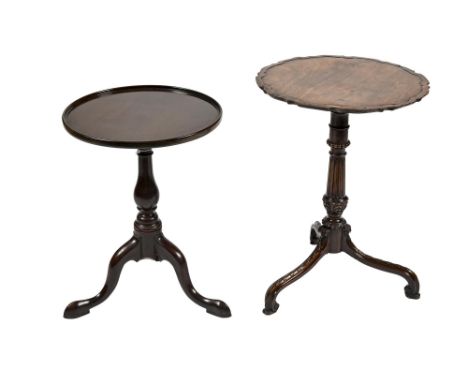 A George III mahogany tripod table, the dished top on associated but finely carved and fluted pedestal, the legs carved with 