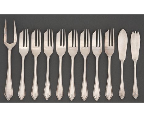 A set of eight George VI silver pastry forks and serving fork, Windsor pattern, by Frank Cobb &amp; Co Ltd, Sheffield 1941, t
