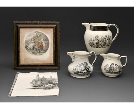 Three Don Pottery underglaze black transfer printed pearlware jugs, c1820, with children at play or a shepherd, 16cm h and sm