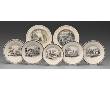 Seven Don Pottery underglaze black transfer printed pearlware cup plates and other plates, c1820-1830, various subjects, incl