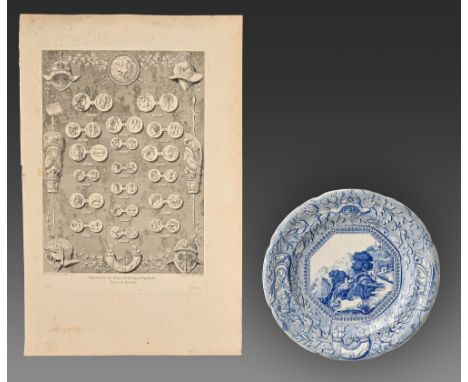 A Don Pottery blue printed pearlware Vue Prise dans le Environs de Leon Forte pattern plate, c1820, 25cm diam, printed lion m