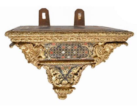 A French Boulle clock bracket, 19th c, in Louis XV style, richly mounted with gilt brass masks and acanthus and inlaid in mot