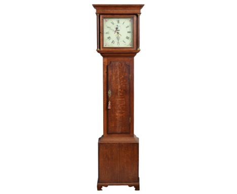 A Victorian oak thirty-hour longcase clock, Deacon, Barton [in the Beams], the 11.5 inch painted dial pierced with date secto