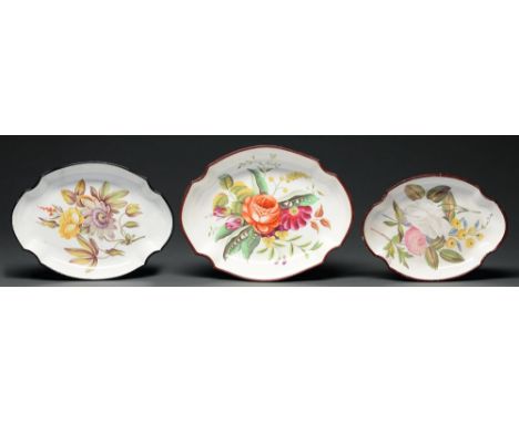 Three Don Pottery fine white earthenware and pearlware dessert dishes, c1810, boldly painted with groups of flowers, one incl