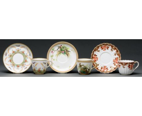 A Royal Worcester jewelled cup and saucer, late 19th c, painted with nesting birds, saucer 14cm diam, pattern W6318, a Minton