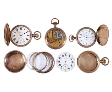 Two Elgin gold plated keyless lever hunting cased watches and several similar watch cases  Sold as seen with all faults