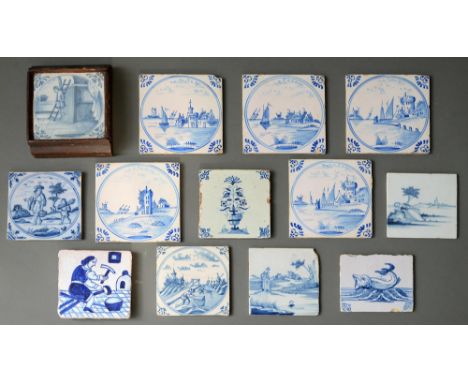 Thirteen Dutch delftware and other tinglazed earthenware blue and white tiles, 18th c and later, 6in and smaller  Several dam