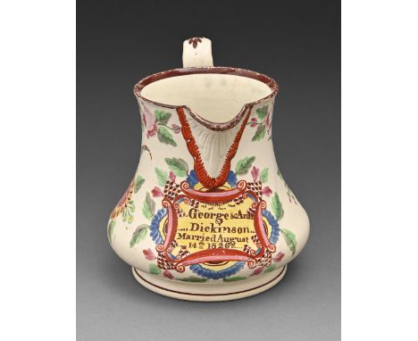 A Don Pottery pearlware marriage jug, dated 1826, inscribed on a yellow reserve George &amp; Ann Dickinson Married August 14t