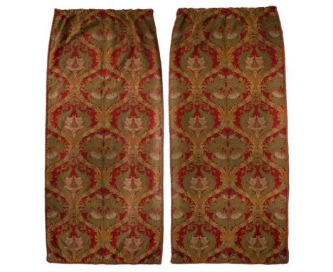 A pair of arts and crafts crimson ground damask and braided curtains, in the manner of Morton Sundour, early 20th c, each 291