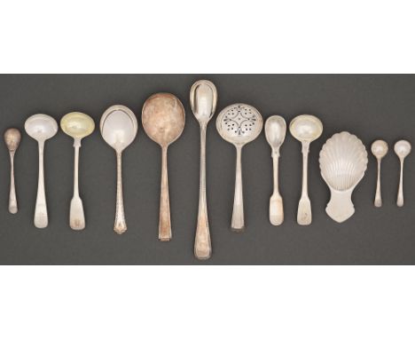 Miscellaneous silver condiment, caddy and other spoons and a sugar sifter, George III and later, 5oz (12)  