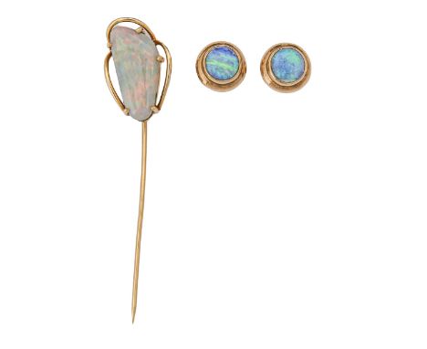 A gold stick pin, with opal terminal and a pair of similar ear studs, pin 53mm h, 2g (3)  Provenance: Property of a lady of t
