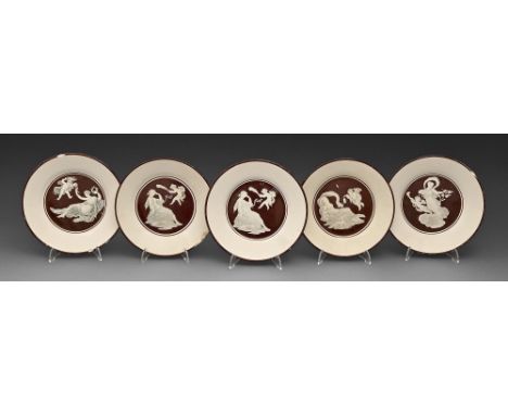 Five Don Pottery fine white earthenware 'Senses' plates, c1805-1810, each with a bat print on a dark chocolate brown enamel g