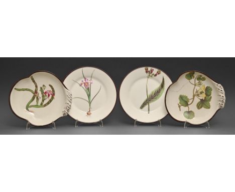 Two Don Pottery fine white earthenware botanical dessert dishes and pair of plates, c1810, well painted with different specim