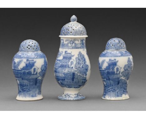 One and a pair of Don Pottery blue printed pearlware Chinoiserie pattern casters, c1825, 10 and 14cm h, collectors' labels  P