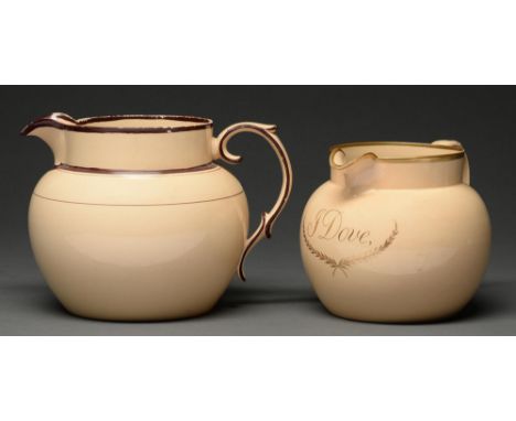 Two Don Pottery Drabware jugs, c1810-1815, one inscribed in gilt J Dove, 14 and 16cm h, collectors' label  Provenance: J D &a