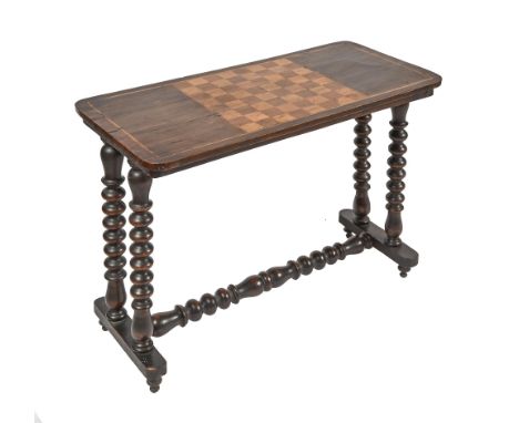 A Victorian inlaid walnut games table, on bobbin turned legs on stretcher base, 62cm h; 86 x 40cm  Minor chips and losses con