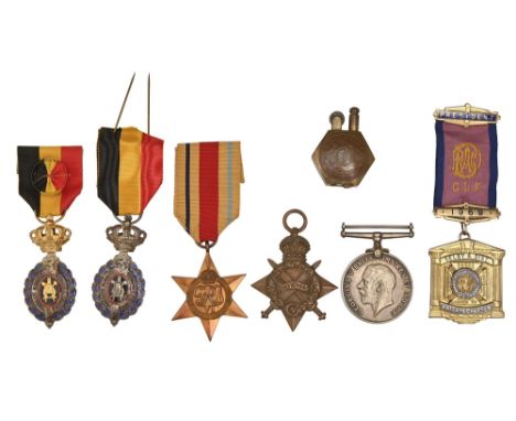 1914-15 Star, 63841 Dvr C E Parkinson R F A, British War Medal, 9143 A Sjt A D Bloor Manch R, a trench art brass halfpenny ci