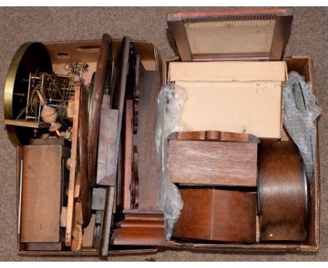 Miscellaneous clocks, movements and cases, including 1930s oak mantle clock, longcase clock movement, etc  