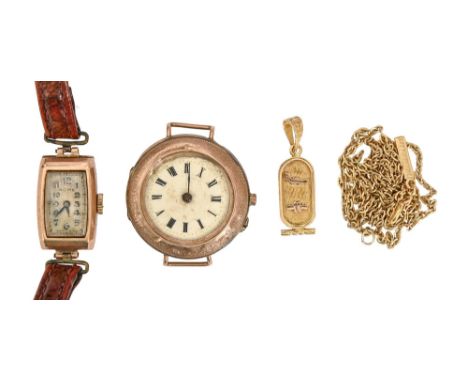 A Rotary 9ct gold tonneau shaped lady's wristwatch, 14 x 22mm, London 1937, a wristlet watch incomplete and an Egyptian gold 
