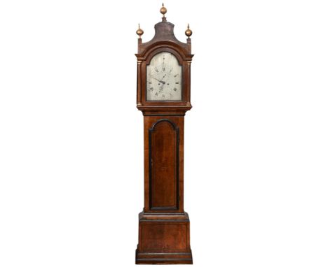 A George III walnut eight-day longcase clock, T Oliver, London, the 11.5 inch silvered brass breakarched dial with date apert