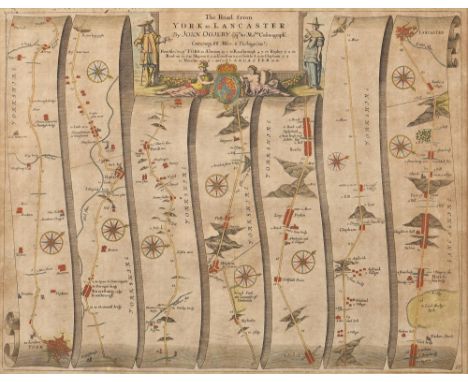 John Ogilby - The Road from York to Lancaster, double page engraved map, hand coloured, 35 x 44.5cm  Lightly browned, unexami