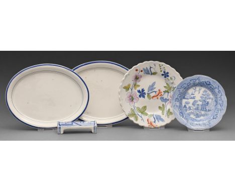 A pair of Don Pottery blue bordered pearlware oval stands and a blue printed pearlware cup plate, knife rest and overglaze en