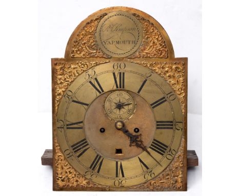 A George III longcase clock movement, Richard Simpson, Yarmouth, the 12 inch breakarched brass dial with matted centre, date 