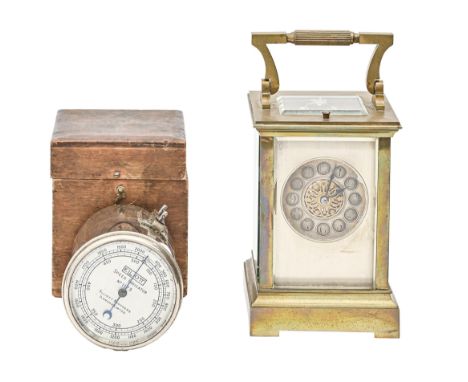 A French brass carriage clock, E Maurice & Co, early 20th c, with silvered mask dial and gong-striking movement, retaining th