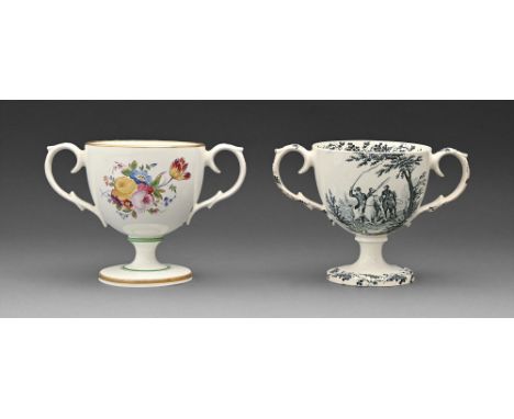 Two Don Pottery white earthenware loving cups, c1815-1820, one painted in polychrome, with flowers in green and gilt borders,