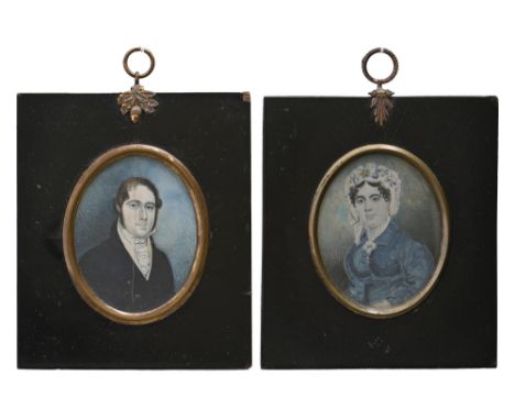 English School, early 19th century - Portrait Miniatures of a Lady and Gentleman, two, ivory, oval 74mm, papier mache frames 