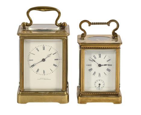 A French brass carriage timepiece, Martin &amp; Co Paris and Cheltenham, early 20th c, with Japy Frères movement in corniche 